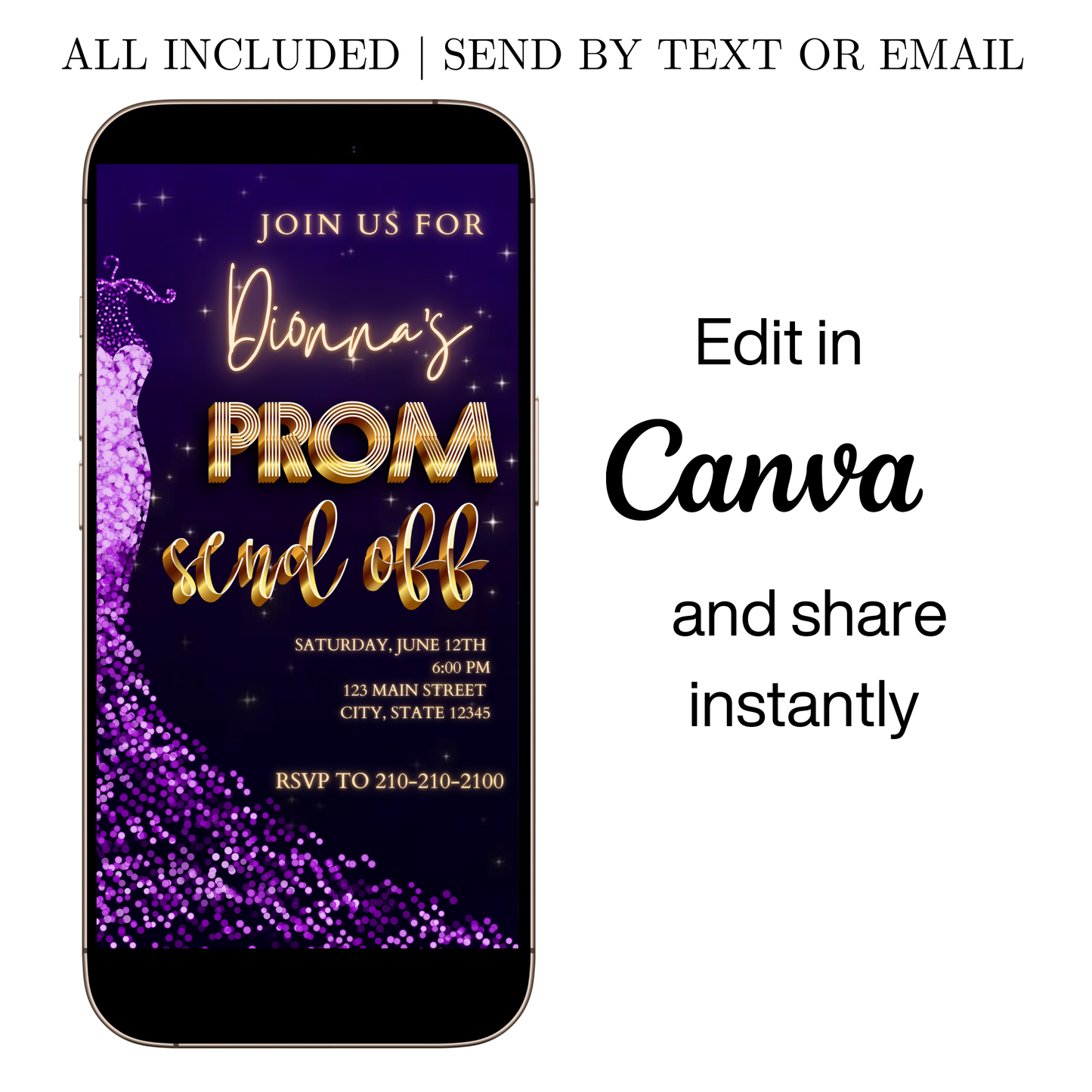 Editable purple gold glam prom send off video invitation displayed on a mobile phone, featuring an animated vertical digital invite with music, created in Canva. This premium video invitation template is designed for sharing by text, email, and social media and works with an interactive RSVP website for easy guest response tracking.