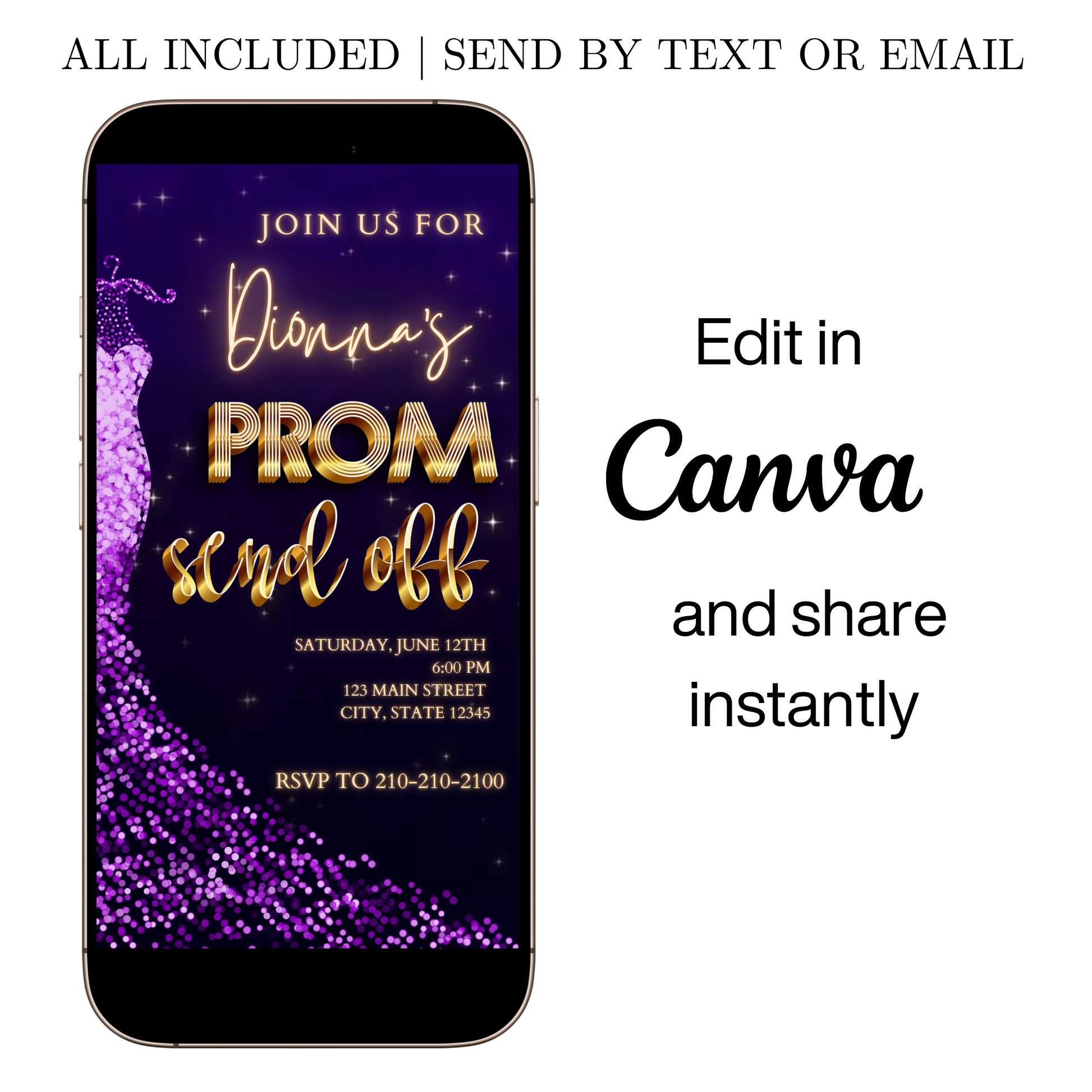Editable purple gold glam prom send off video invitation displayed on a mobile phone, featuring an animated vertical digital invite with music, created in Canva. This premium video invitation template is designed for sharing by text, email, and social media and works with an interactive RSVP website for easy guest response tracking.