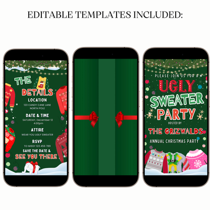 Editable ugly sweater Christmas video invitation online