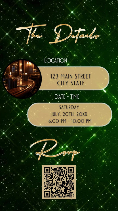 Editable emerald green gold 60th birthday birthday video invitation displayed on a mobile phone, featuring an animated vertical digital invite with music, created in Canva. This premium video invitation template is designed for sharing by text, email, and social media and works with an interactive RSVP website for easy guest response tracking.