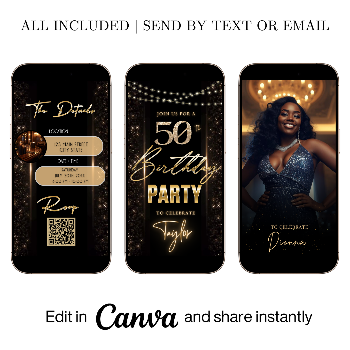 Editable black gold sparkle 50th birthday video invitation displayed on a mobile phone, featuring an animated vertical digital invite with music, created in Canva. This premium video invitation template is designed for sharing by text, email, and social media and works with an interactive RSVP website for easy guest response tracking.