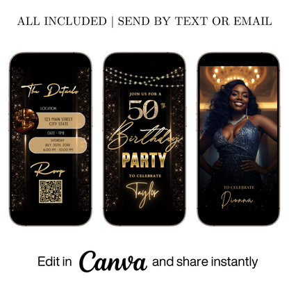 Editable black gold sparkle 50th birthday video invitation displayed on a mobile phone, featuring an animated vertical digital invite with music, created in Canva. This premium video invitation template is designed for sharing by text, email, and social media and works with an interactive RSVP website for easy guest response tracking.