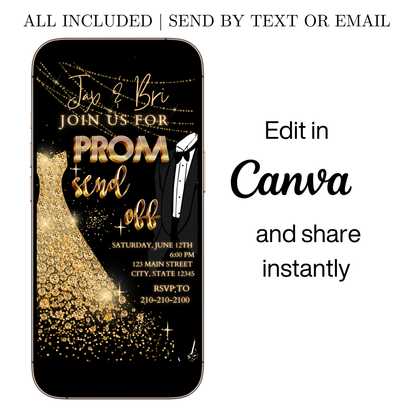 Editable black gold elegant prom send off video invitation displayed on a mobile phone, featuring an animated vertical digital invite with music, created in Canva. This premium video invitation template is designed for sharing by text, email, and social media and works with an interactive RSVP website for easy guest response tracking.