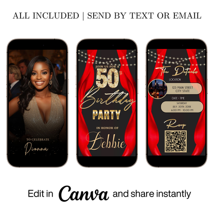 Editable red curtain 50th birthday party video invitation displayed on a mobile phone, featuring an animated vertical digital invite with music, created in Canva. This premium video invitation template is designed for sharing by text, email, and social media and works with an interactive RSVP website for easy guest response tracking.