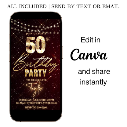 Editable hollywood red carpet 50th birthday video invitation displayed on a mobile phone, featuring an animated vertical digital invite with music, created in Canva. This premium video invitation template is designed for sharing by text, email, and social media and works with an interactive RSVP website for easy guest response tracking.