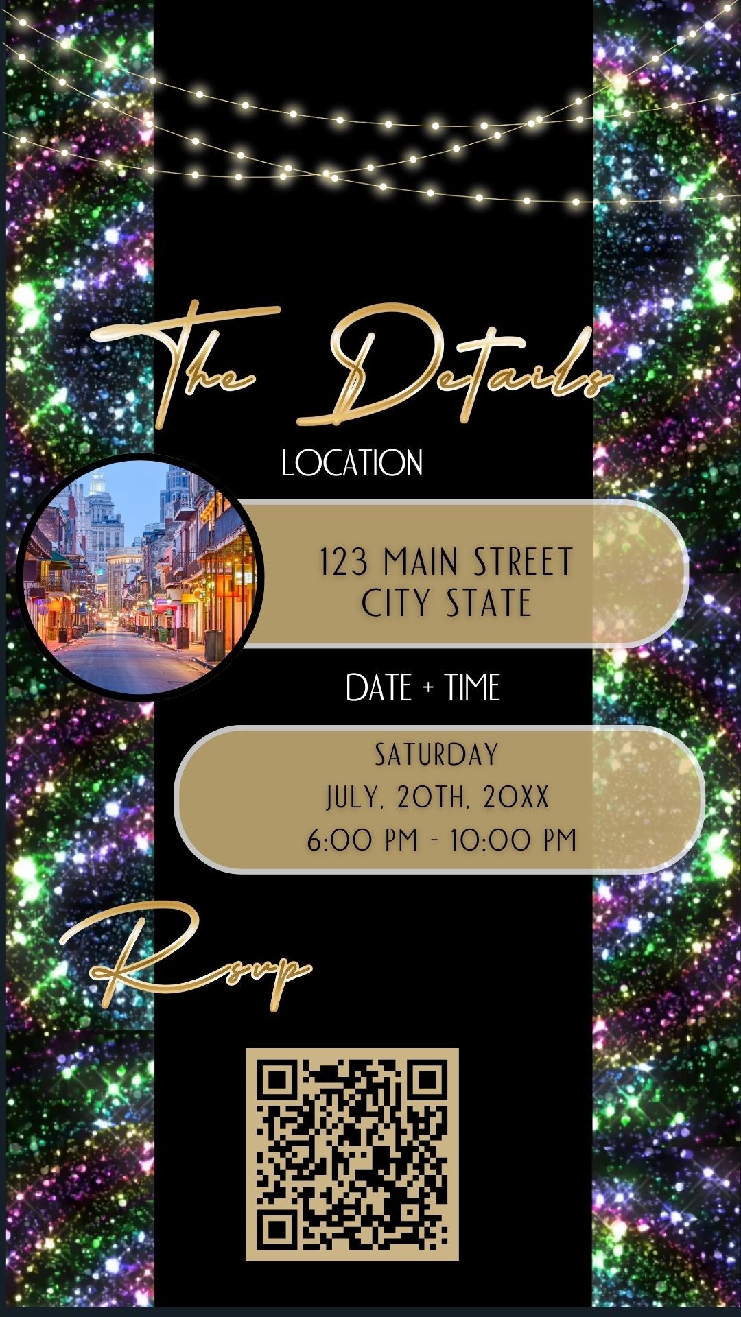 Editable nardo gras glitter 50th birthday video invitation displayed on a mobile phone, featuring an animated vertical digital invite with music, created in Canva. This premium video invitation template is designed for sharing by text, email, and social media and works with an interactive RSVP website for easy guest response tracking.