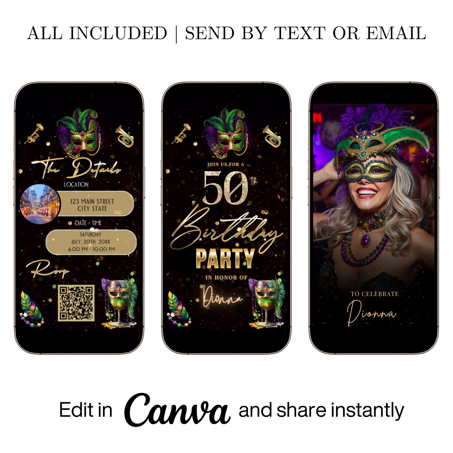 Editable mardi gras masquerade 50th birthday – editable canva animated video invitation displayed on a mobile phone, featuring an animated vertical digital invite with music, created in Canva. This premium video invitation template is designed for sharing by text, email, and social media and works with an interactive RSVP website for easy guest response tracking.
