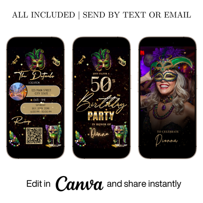 Editable mardi gras masquerade 50th birthday – editable canva animated video invitation displayed on a mobile phone, featuring an animated vertical digital invite with music, created in Canva. This premium video invitation template is designed for sharing by text, email, and social media and works with an interactive RSVP website for easy guest response tracking.