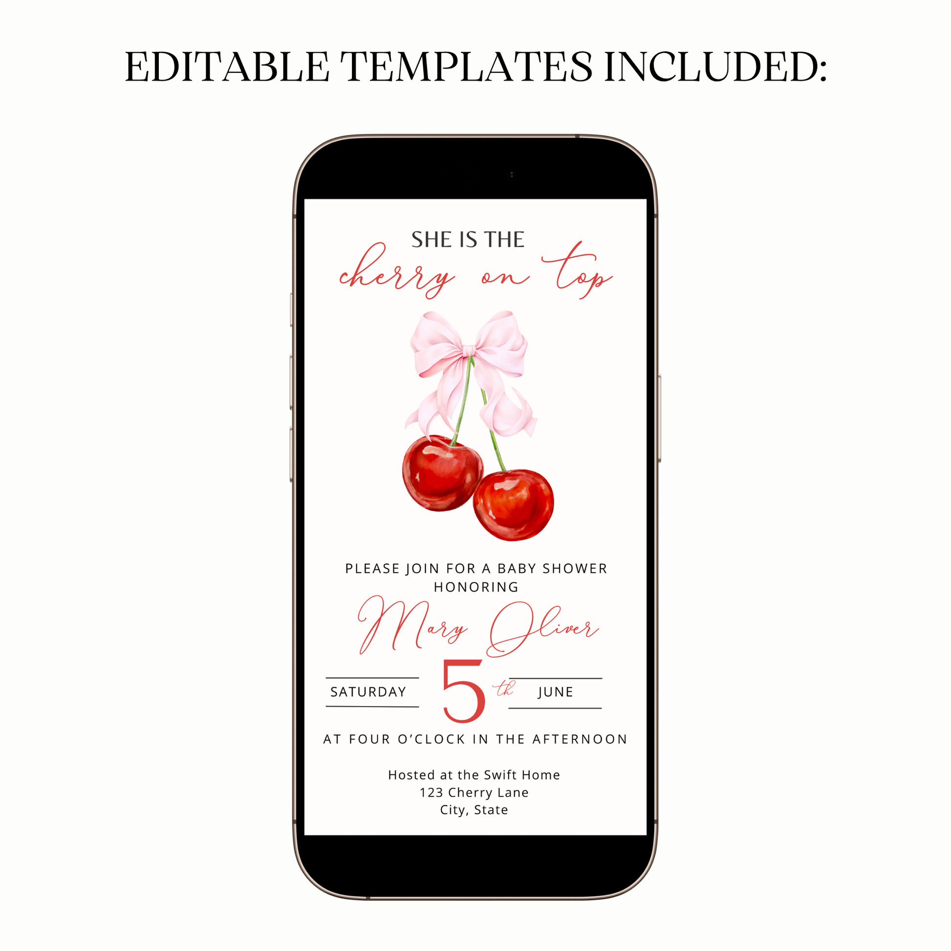 Flat lay with cherries, flowers, and phone showing invite