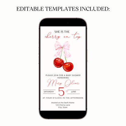 Flat lay with cherries, flowers, and phone showing invite