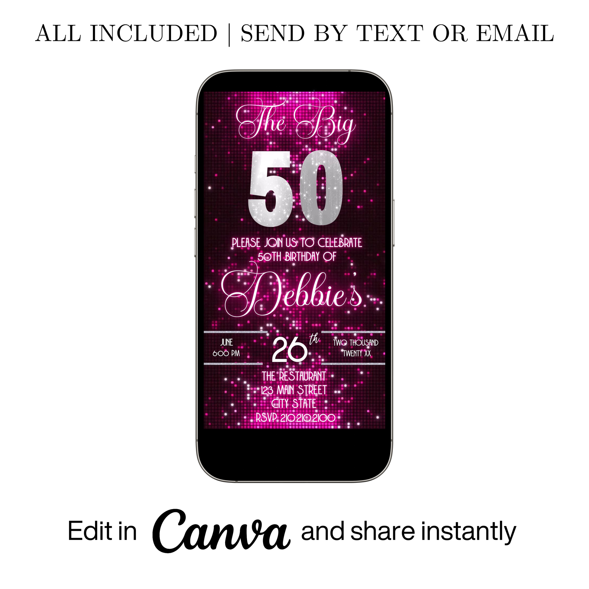 Editable pink sequin 50th birthday video invitation displayed on a mobile phone, featuring an animated vertical digital invite with music, created in Canva. This premium video invitation template is designed for sharing by text, email, and social media and works with an interactive RSVP website for easy guest response tracking.