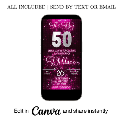 Editable pink sequin 50th birthday video invitation displayed on a mobile phone, featuring an animated vertical digital invite with music, created in Canva. This premium video invitation template is designed for sharing by text, email, and social media and works with an interactive RSVP website for easy guest response tracking.