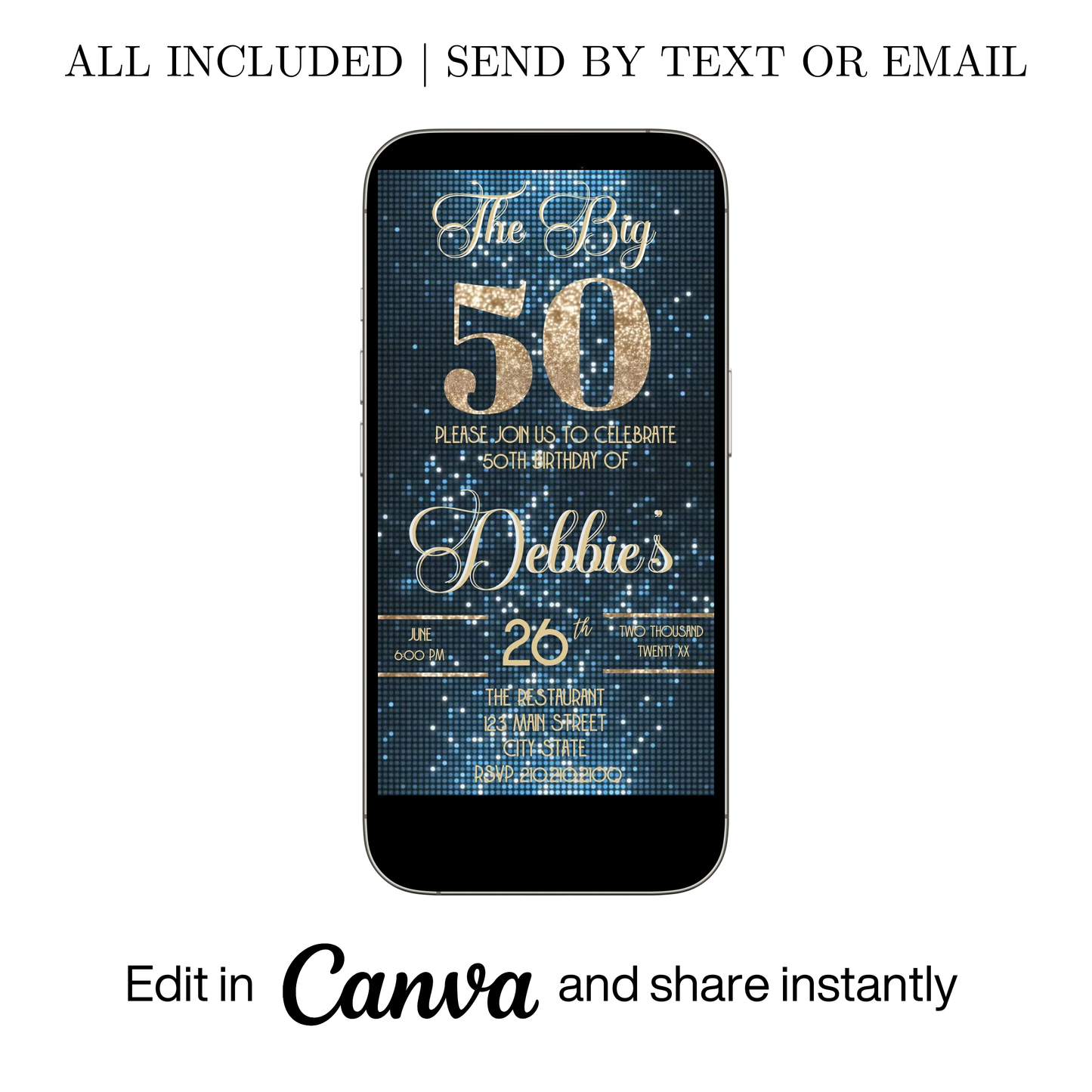 Editable baby blue shimmer 50th birthday video invitation displayed on a mobile phone, featuring an animated vertical digital invite with music, created in Canva. This premium video invitation template is designed for sharing by text, email, and social media and works with an interactive RSVP website for easy guest response tracking.