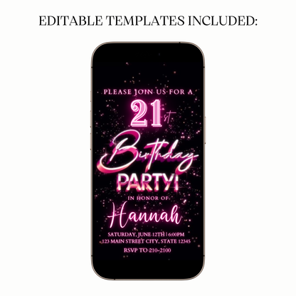 Digital 21st birthday video invitation neon pink