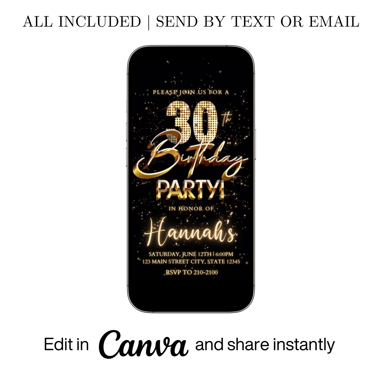Editable black gold fireworks 30th birthday video invitation displayed on a mobile phone, featuring an animated vertical digital invite with music, created in Canva. This premium video invitation template is designed for sharing by text, email, and social media and works with an interactive RSVP website for easy guest response tracking.