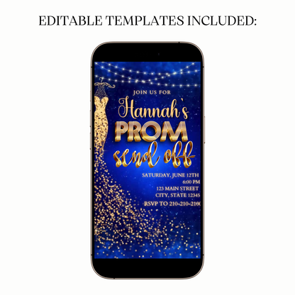 Digital prom video invitation with blue gold sequins