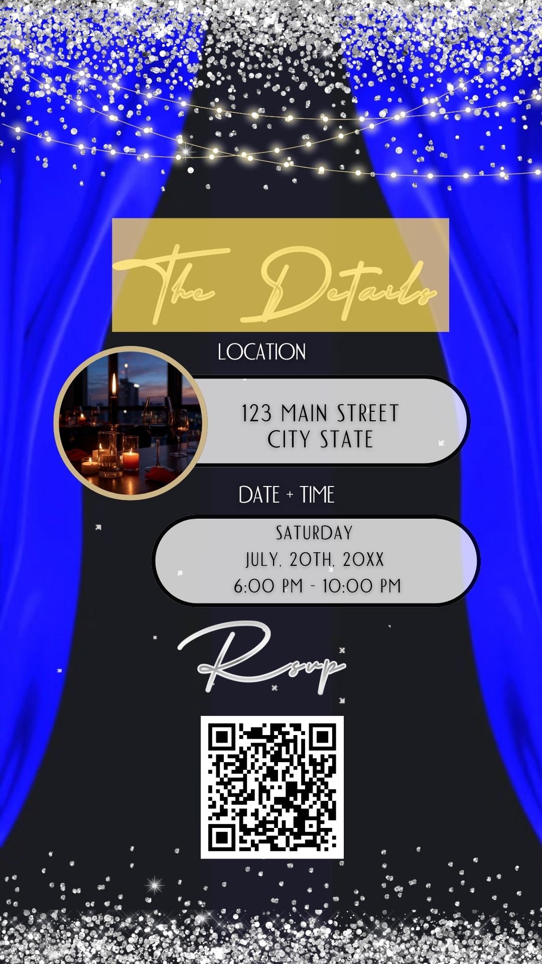 Editable royal blue elegant 50th birthday video invitation video invitation displayed on a mobile phone, featuring an animated vertical digital invite with music, created in Canva. This premium video invitation template is designed for sharing by text, email, and social media and works with an interactive RSVP website for easy guest response tracking.