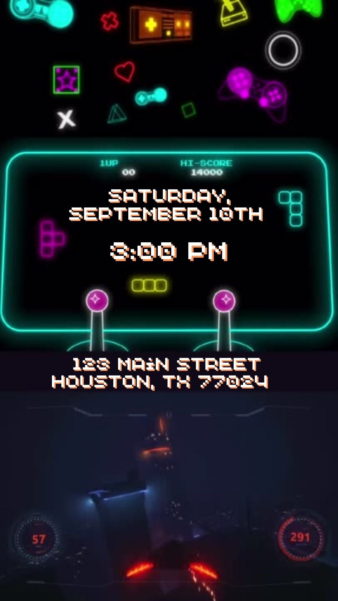 Editable arcade video game 6th birthday birthday video invitation displayed on a mobile phone, featuring an animated vertical digital invite with music, created in Canva. This premium video invitation template is designed for sharing by text, email, and social media and works with an interactive RSVP website for easy guest response tracking.