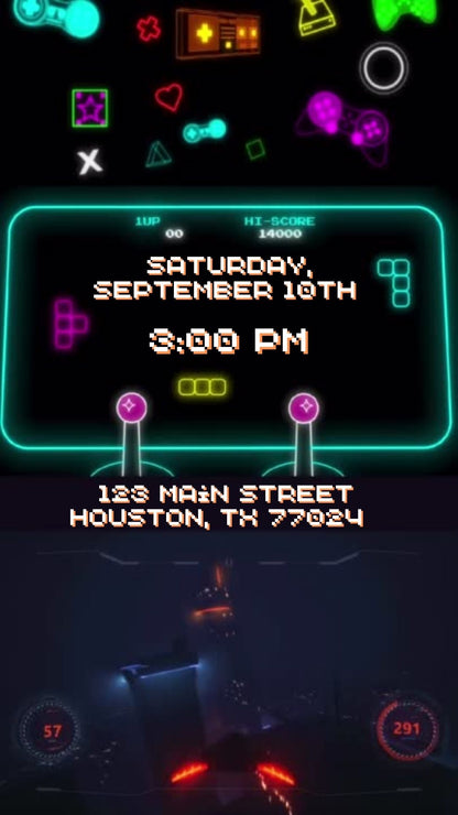 Editable arcade video game 6th birthday birthday video invitation displayed on a mobile phone, featuring an animated vertical digital invite with music, created in Canva. This premium video invitation template is designed for sharing by text, email, and social media and works with an interactive RSVP website for easy guest response tracking.
