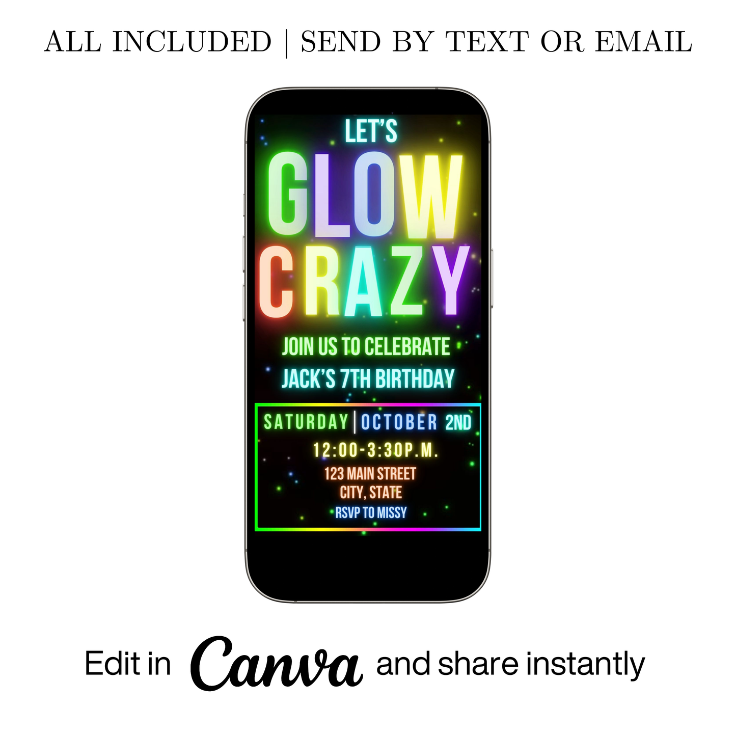Editable neon glow kids birthday video invitation displayed on a mobile phone, featuring an animated vertical digital invite with music, created in Canva. This premium video invitation template is designed for sharing by text, email, and social media and works with an interactive RSVP website for easy guest response tracking.