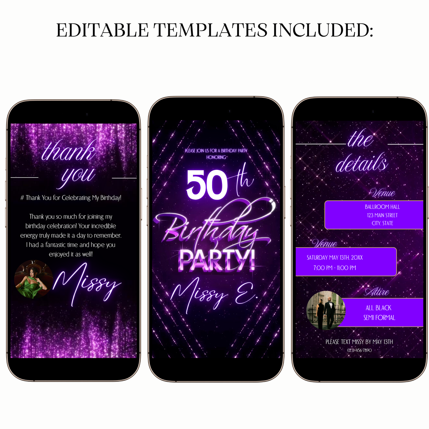 Editable purple neon lights celebration video invitation