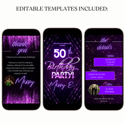 Editable purple neon lights celebration video invitation