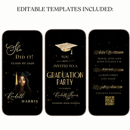 2026 Graduation Video Invitation – Black and Gold Animated Template with Music for Mobile Sharing