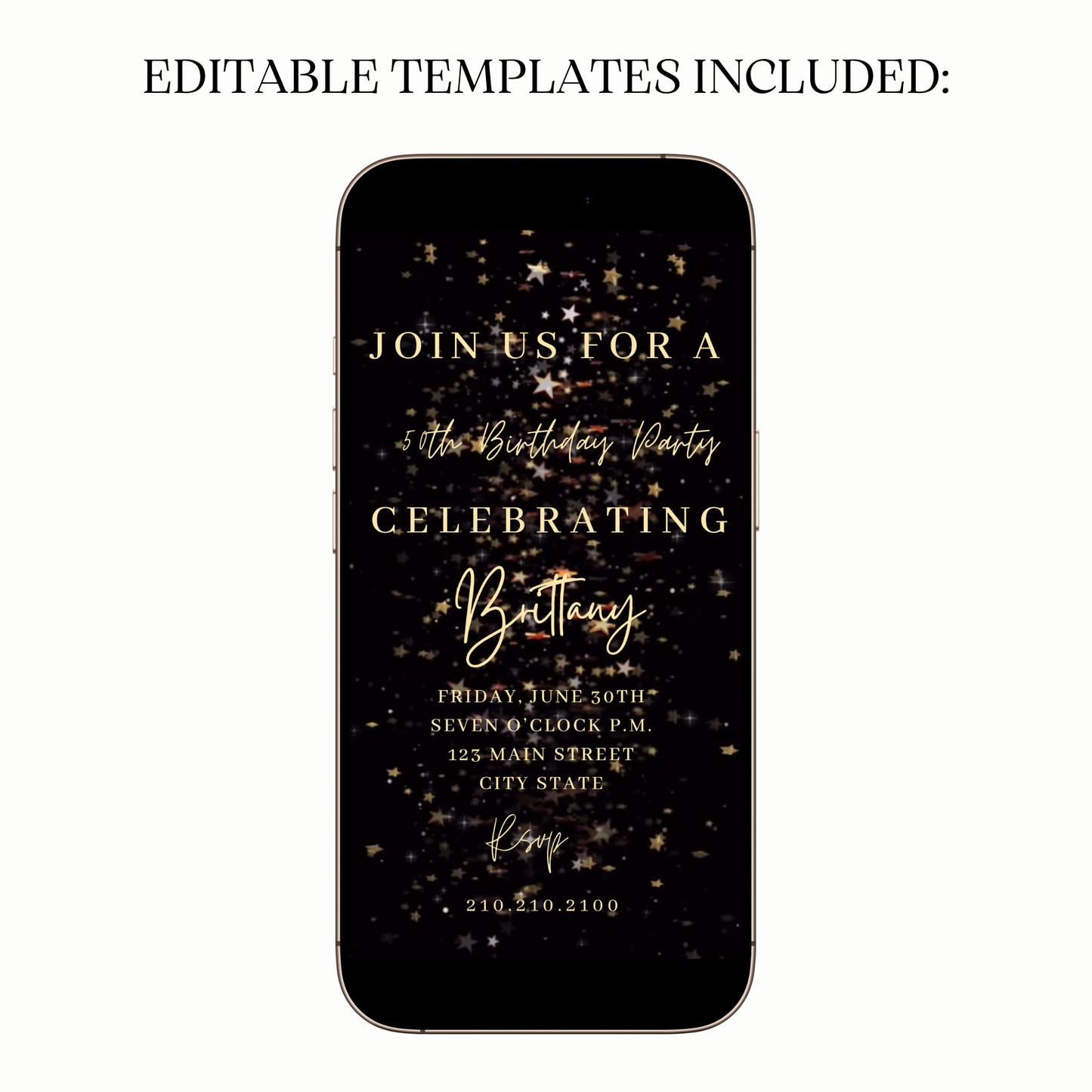Digital Black Gold Starry Glam Video Invitation MP4 Invite