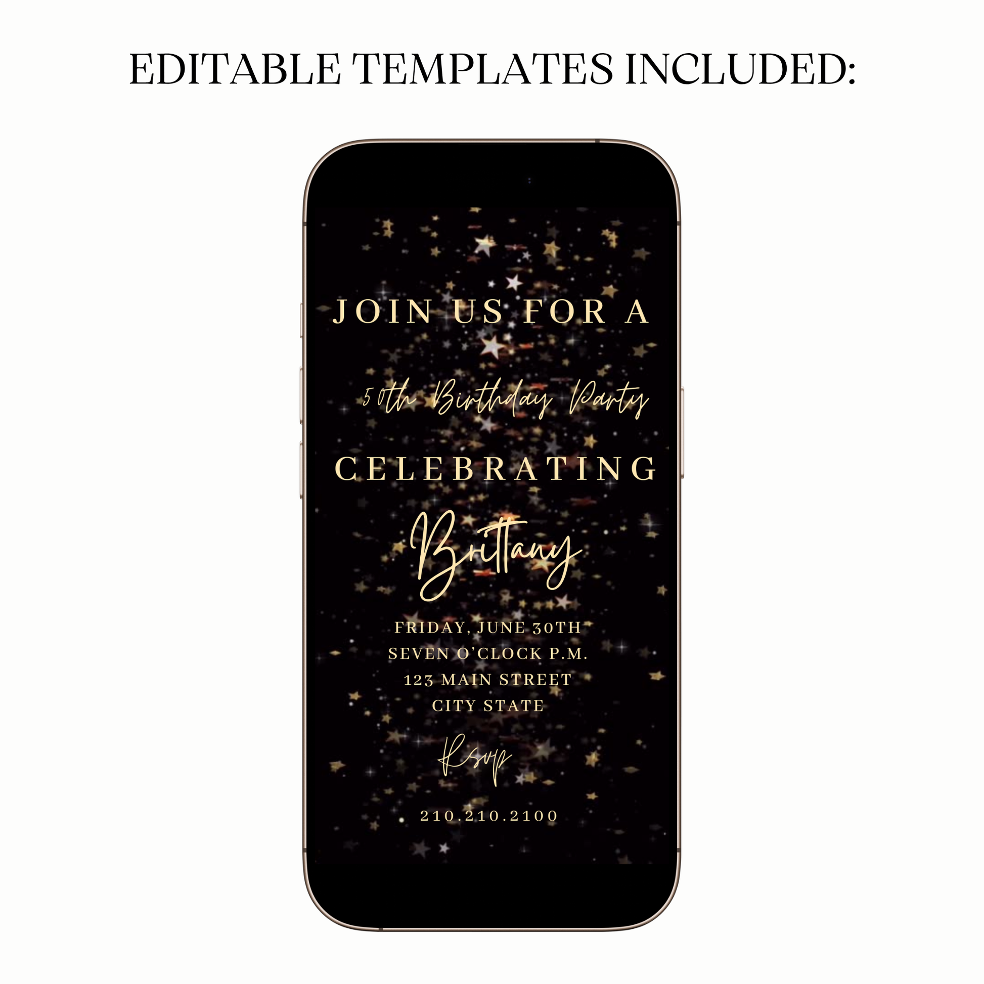 Digital Black Gold Starry Glam Video Invitation MP4 Invite
