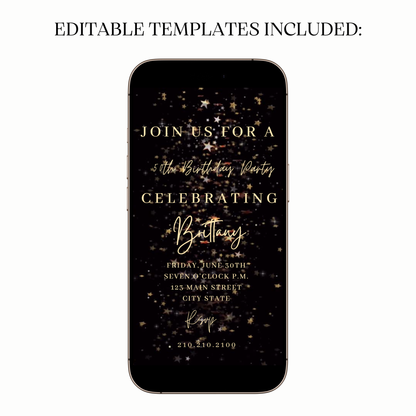 Digital Black Gold Starry Glam Video Invitation MP4 Invite