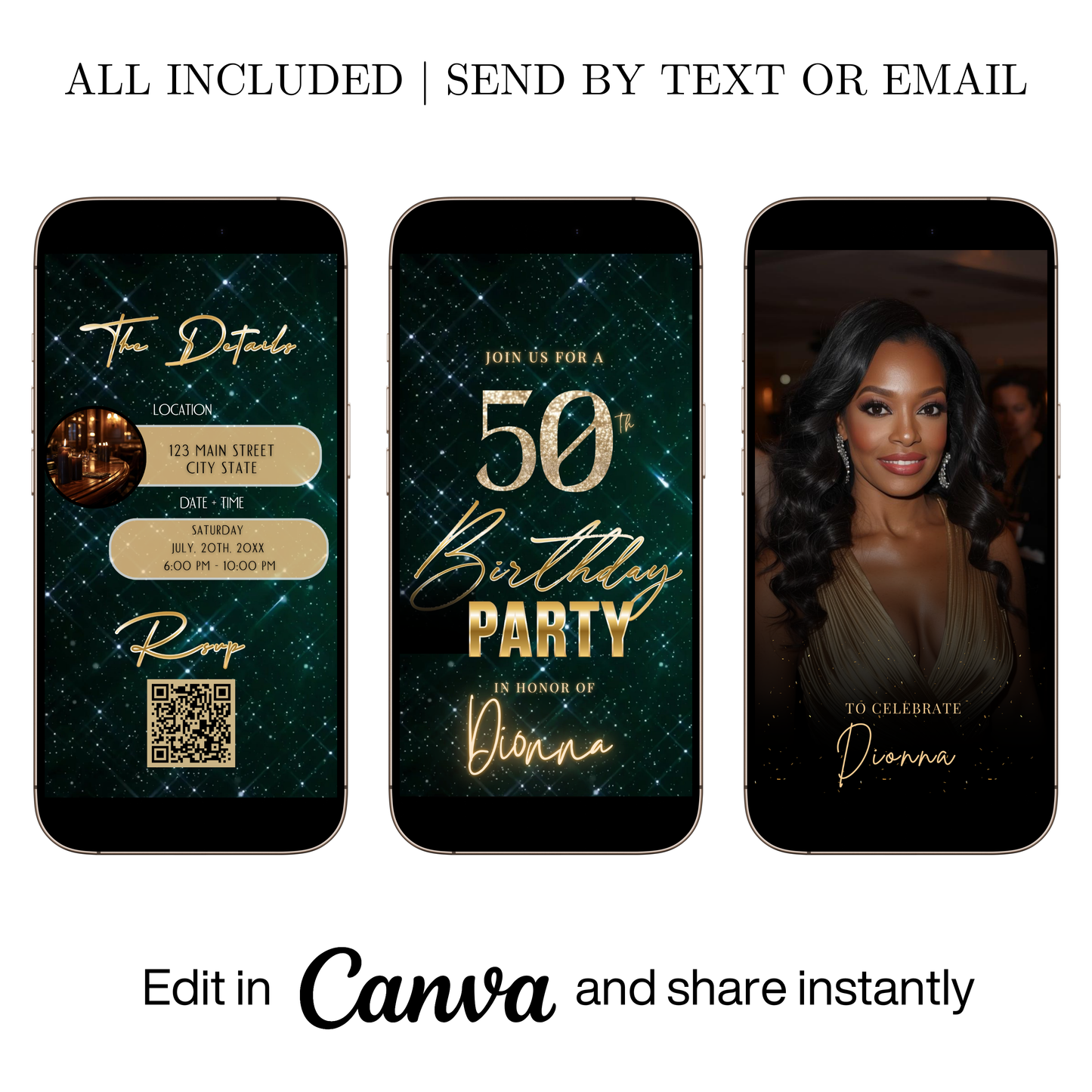 Editable emerald green sparkly 50th birthday video invitation displayed on a mobile phone, featuring an animated vertical digital invite with music, created in Canva. This premium video invitation template is designed for sharing by text, email, and social media and works with an interactive RSVP website for easy guest response tracking.