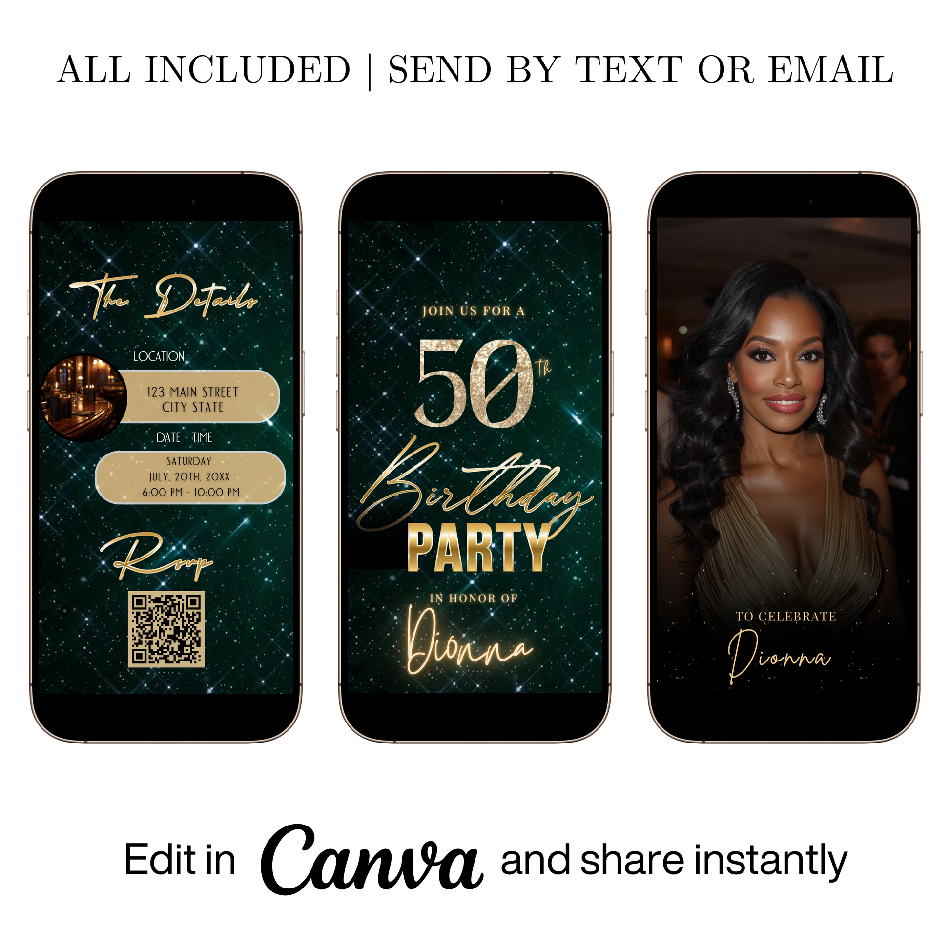 Editable emerald green sparkly 50th birthday video invitation displayed on a mobile phone, featuring an animated vertical digital invite with music, created in Canva. This premium video invitation template is designed for sharing by text, email, and social media and works with an interactive RSVP website for easy guest response tracking.