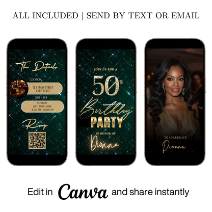 Editable emerald green sparkly 50th birthday video invitation displayed on a mobile phone, featuring an animated vertical digital invite with music, created in Canva. This premium video invitation template is designed for sharing by text, email, and social media and works with an interactive RSVP website for easy guest response tracking.