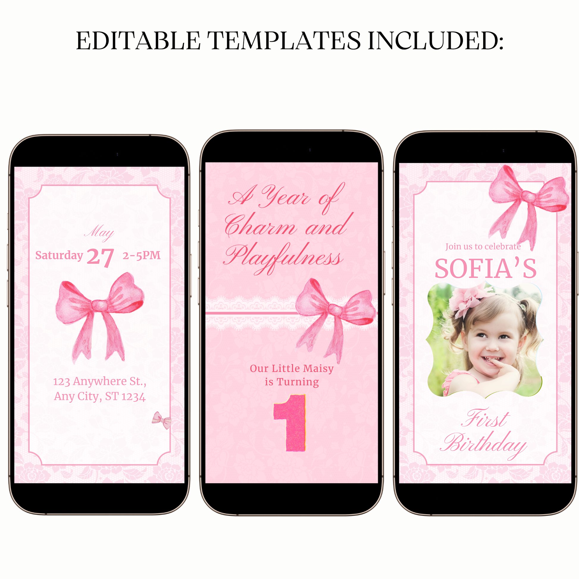 Editable pink bow celebration video invitation online