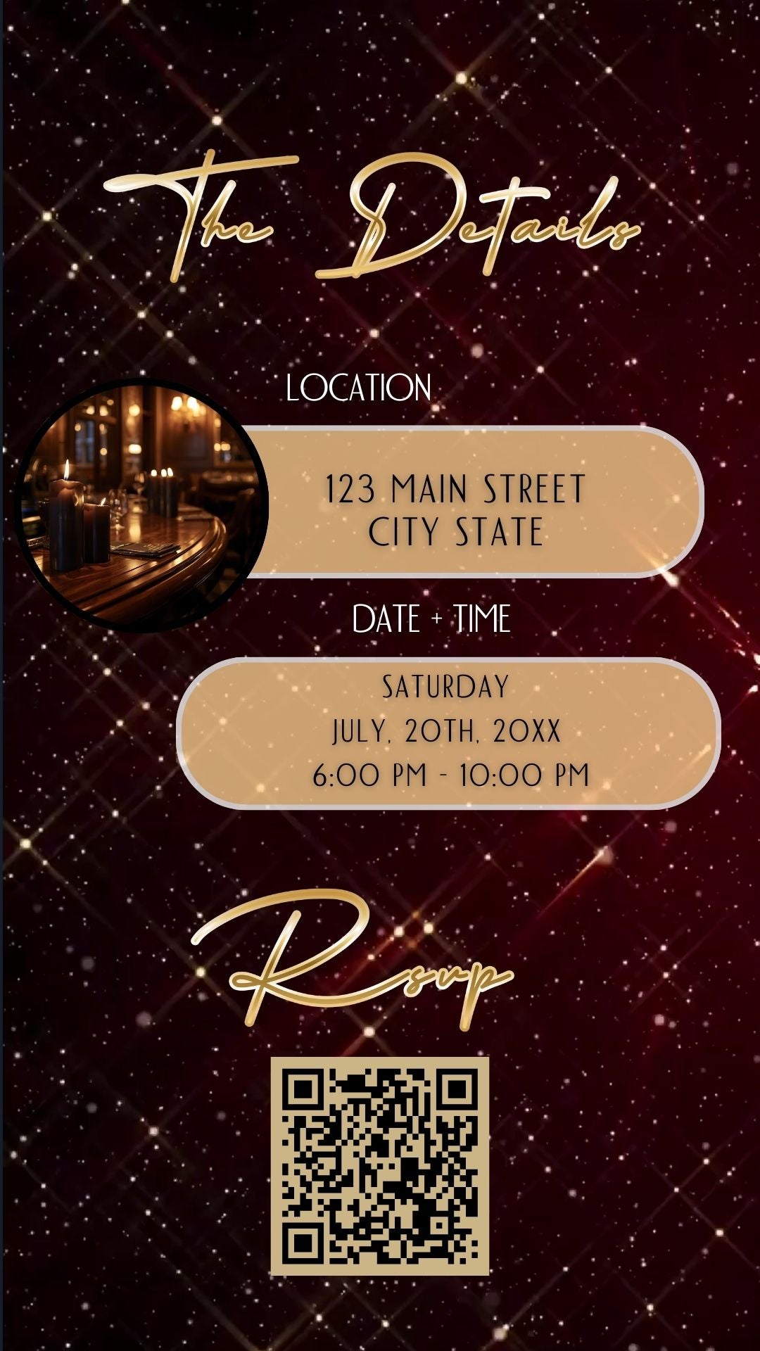 Editable maroon gold elegant 60th birthday birthday video invitation displayed on a mobile phone, featuring an animated vertical digital invite with music, created in Canva. This premium video invitation template is designed for sharing by text, email, and social media and works with an interactive RSVP website for easy guest response tracking.