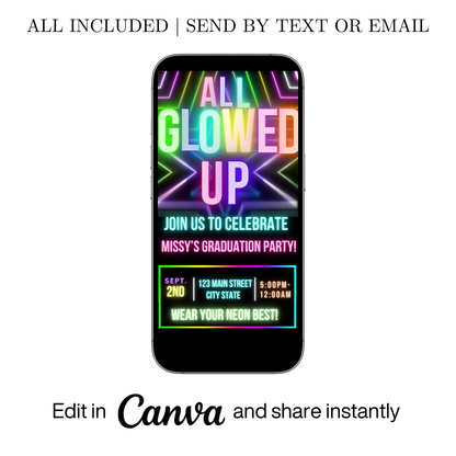 Editable neon glow graduation party video invitation displayed on a mobile phone, featuring an animated vertical digital invite with music, created in Canva. This premium video invitation template is designed for sharing by text, email, and social media and works with an interactive RSVP website for easy guest response tracking.