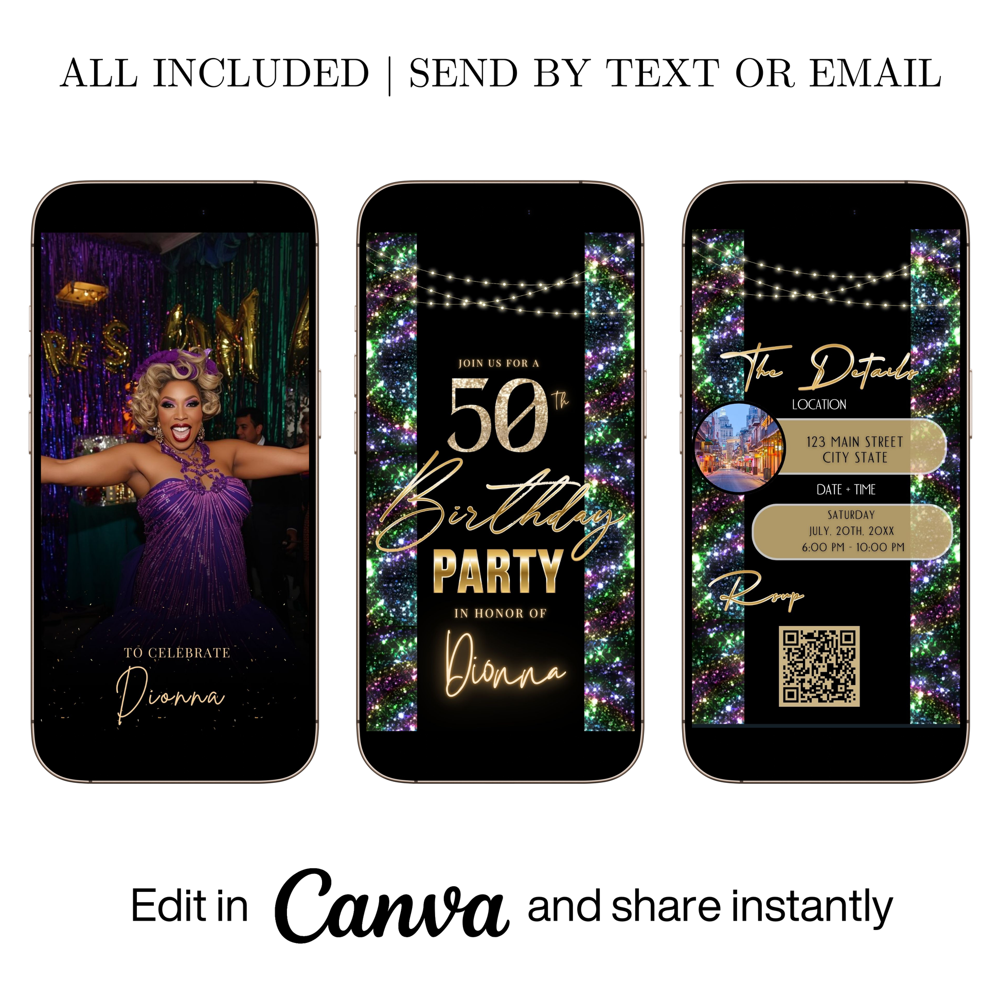 Editable nardo gras glitter 50th birthday video invitation displayed on a mobile phone, featuring an animated vertical digital invite with music, created in Canva. This premium video invitation template is designed for sharing by text, email, and social media and works with an interactive RSVP website for easy guest response tracking.