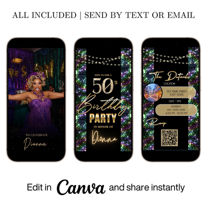 Editable nardo gras glitter 50th birthday video invitation displayed on a mobile phone, featuring an animated vertical digital invite with music, created in Canva. This premium video invitation template is designed for sharing by text, email, and social media and works with an interactive RSVP website for easy guest response tracking.