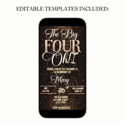 The Big Four-Oh 40th Birthday Digital Invitation — Gold Sparkle Party Evite for Mobile Sharing