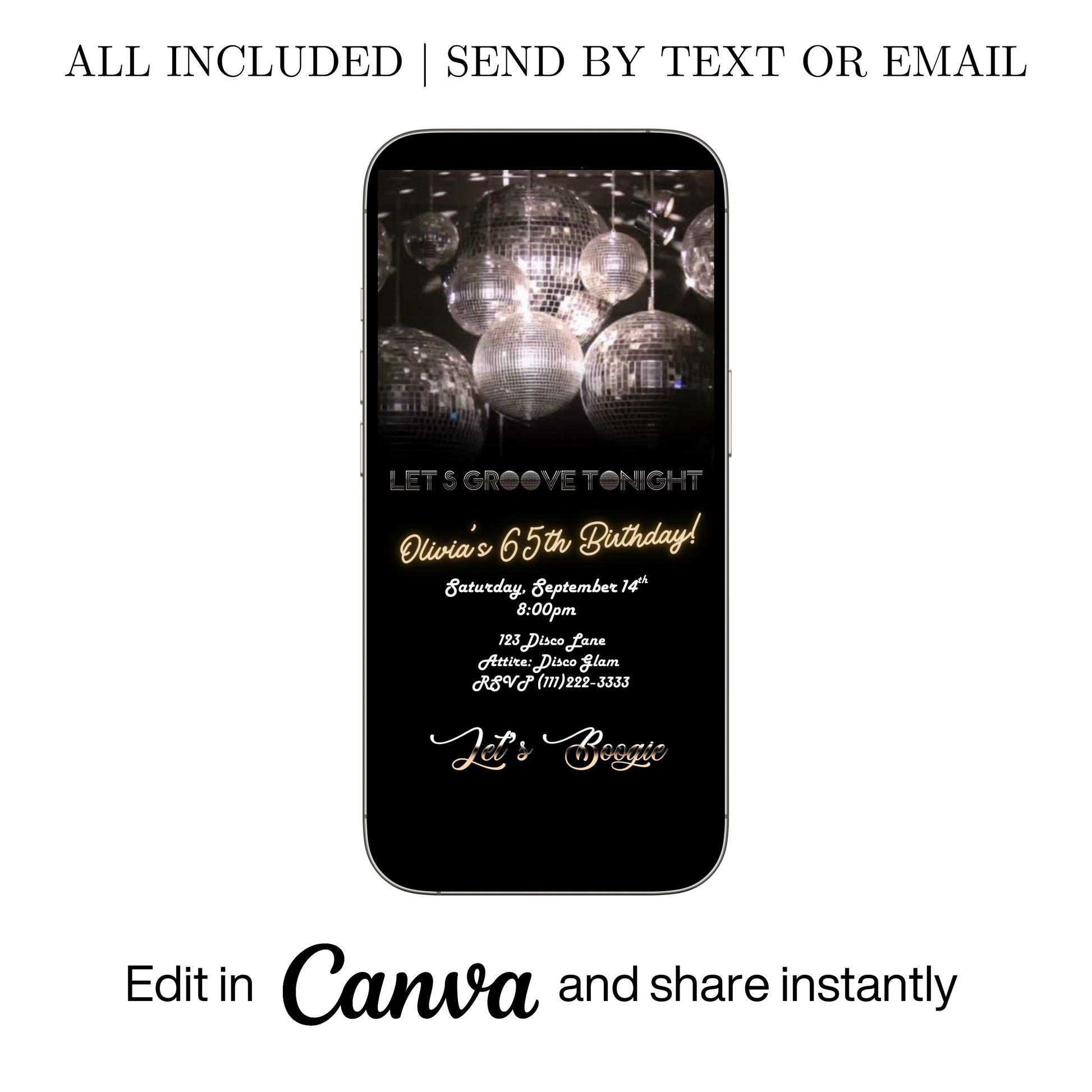 Editable silver disco 65th birthday video invitation displayed on a mobile phone, featuring an animated vertical digital invite with music, created in Canva. This premium video invitation template is designed for sharing by text, email, and social media and works with an interactive RSVP website for easy guest response tracking.