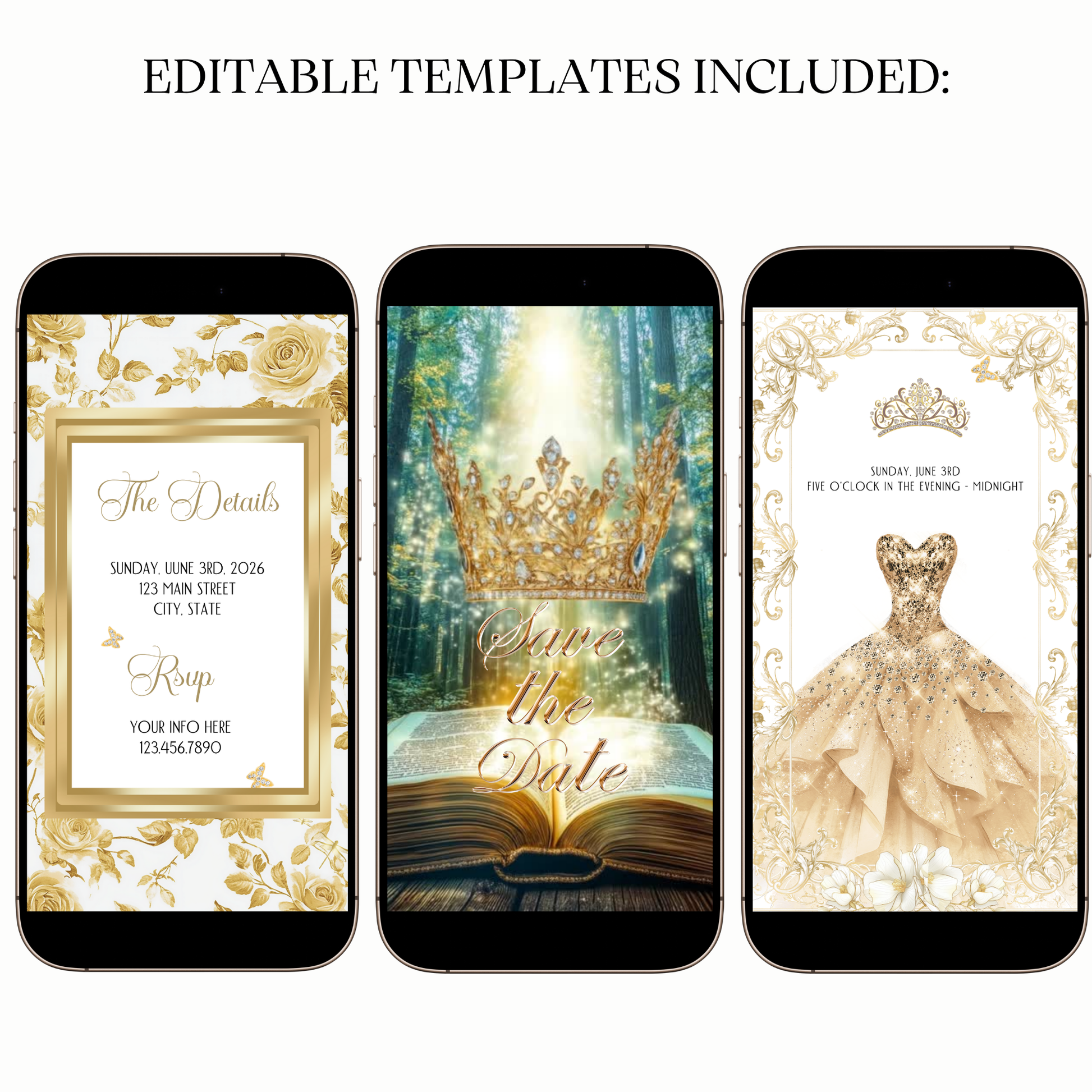 Animated golden gown quinceañera digital video invitation