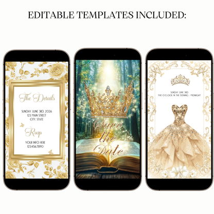 Animated golden gown quinceañera digital video invitation