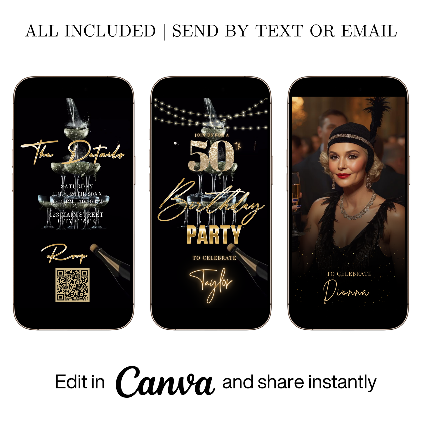 Editable black gold champagne tower 50th birthday video invitation displayed on a mobile phone, featuring an animated vertical digital invite with music, created in Canva. This premium video invitation template is designed for sharing by text, email, and social media and works with an interactive RSVP website for easy guest response tracking.