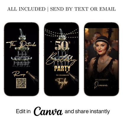 Editable black gold champagne tower 50th birthday video invitation displayed on a mobile phone, featuring an animated vertical digital invite with music, created in Canva. This premium video invitation template is designed for sharing by text, email, and social media and works with an interactive RSVP website for easy guest response tracking.