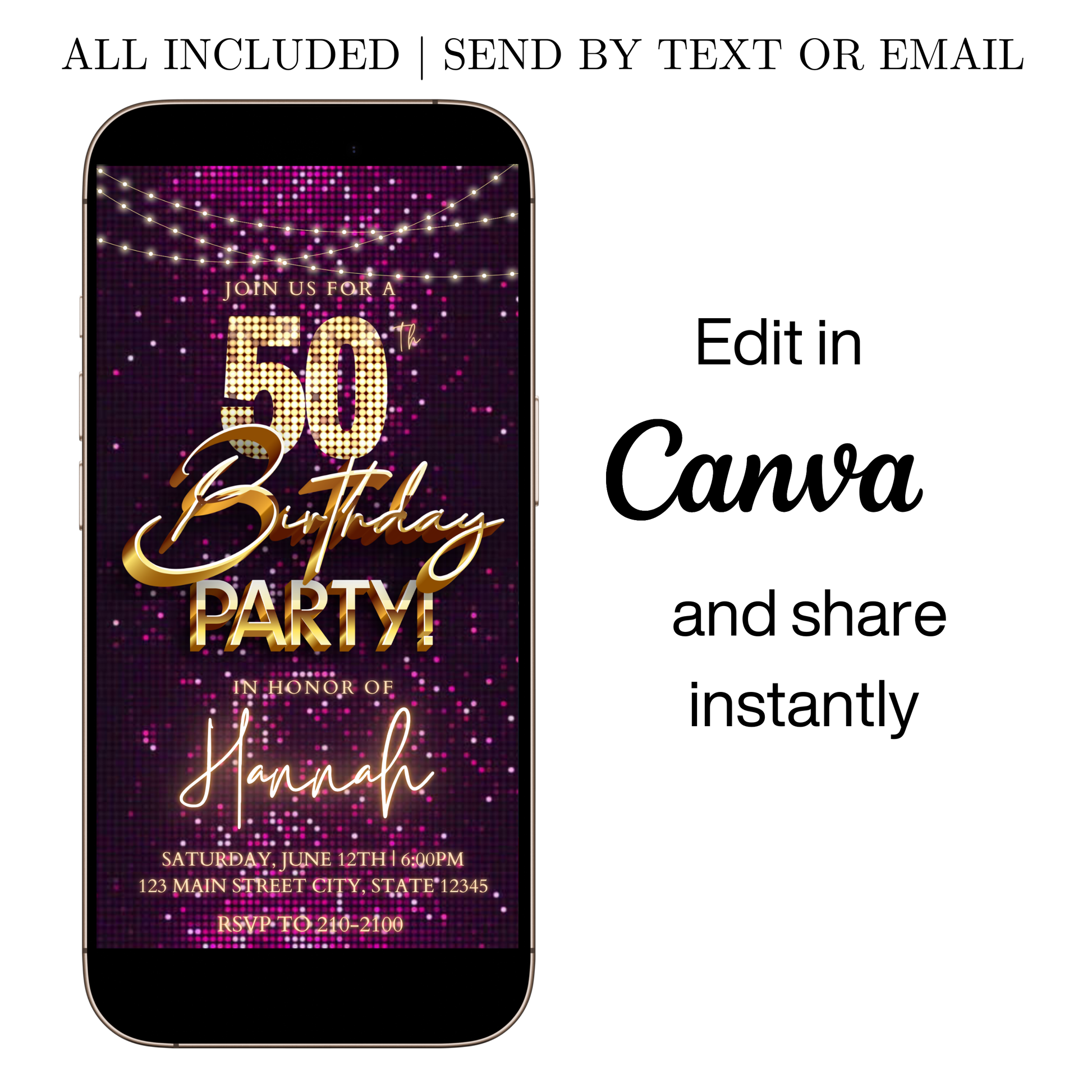 Editable pink gold sequin 50th birthday video invitation displayed on a mobile phone, featuring an animated vertical digital invite with music, created in Canva. This premium video invitation template is designed for sharing by text, email, and social media and works with an interactive RSVP website for easy guest response tracking.