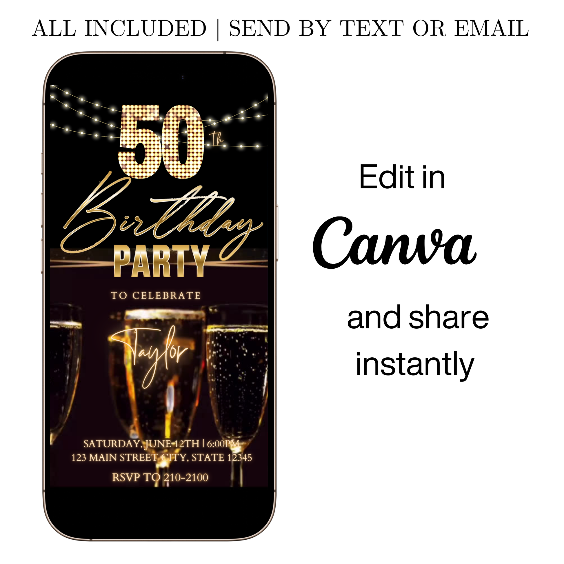 Editable black gold champagne 50th birthday video invitation displayed on a mobile phone, featuring an animated vertical digital invite with music, created in Canva. This premium video invitation template is designed for sharing by text, email, and social media and works with an interactive RSVP website for easy guest response tracking.