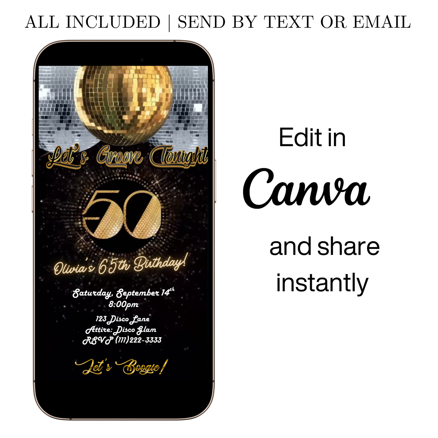 Editable black studio 54 disco 50th birthday video invitation displayed on a mobile phone, featuring an animated vertical digital invite with music, created in Canva. This premium video invitation template is designed for sharing by text, email, and social media and works with an interactive RSVP website for easy guest response tracking.