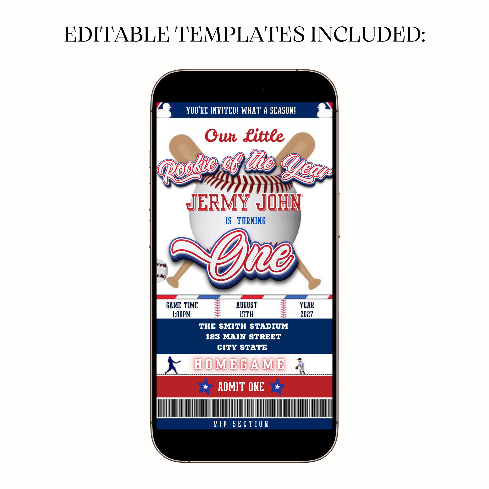 Flat lay with baseball, glove, and phone showing digital invite