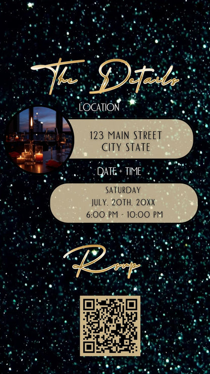 Editable teal green 50th birthday video invitation displayed on a mobile phone, featuring an animated vertical digital invite with music, created in Canva. This premium video invitation template is designed for sharing by text, email, and social media and works with an interactive RSVP website for easy guest response tracking.