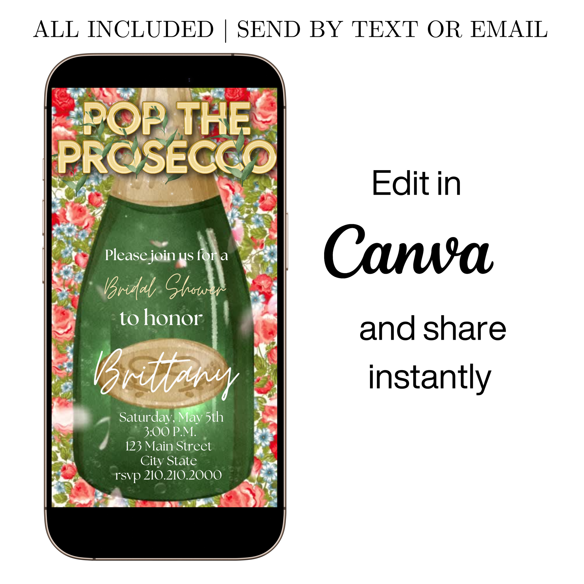Editable green bottle floral pop the prosecco bridal shower video invitation displayed on a mobile phone, featuring an animated vertical digital invite with music, created in Canva. This premium video invitation template is designed for sharing by text, email, and social media and works with an interactive RSVP website for easy guest response tracking.